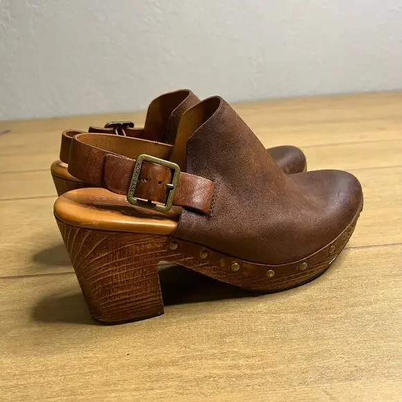 Kork-Ease Leather Platform Clog Heels Womens 9M Brown Slingback Wood Studded - Picture 4 of 16